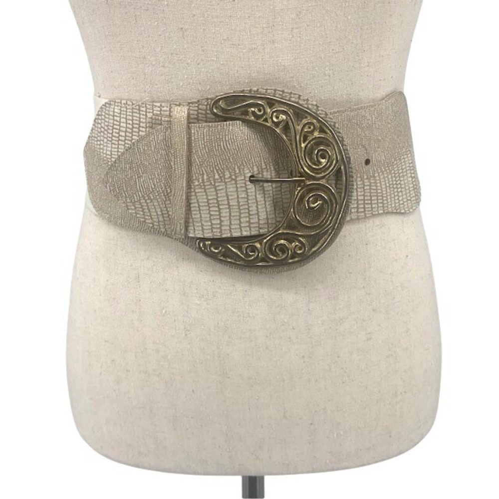 Vintage 80s USA Cream Wide Belt Ornate Gold Buckle Western Boho S/M